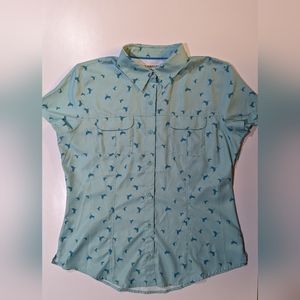 Magellan Outdoors Women's Laguna Madre Fishing Shirt Size Large Teal w/ Cranes